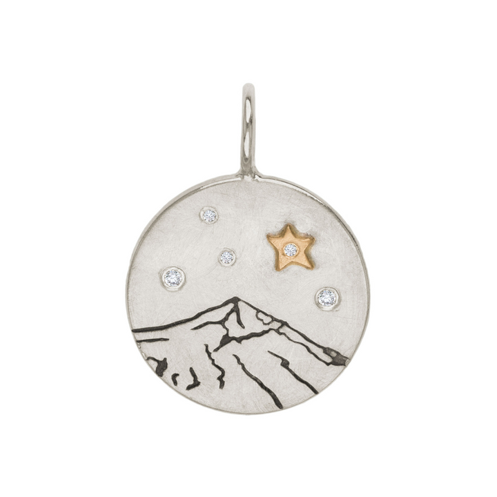 HEATHER B. MOORE Lone Peak Mountain Round Silver Charm With Raised Gold Star And Diamonds
