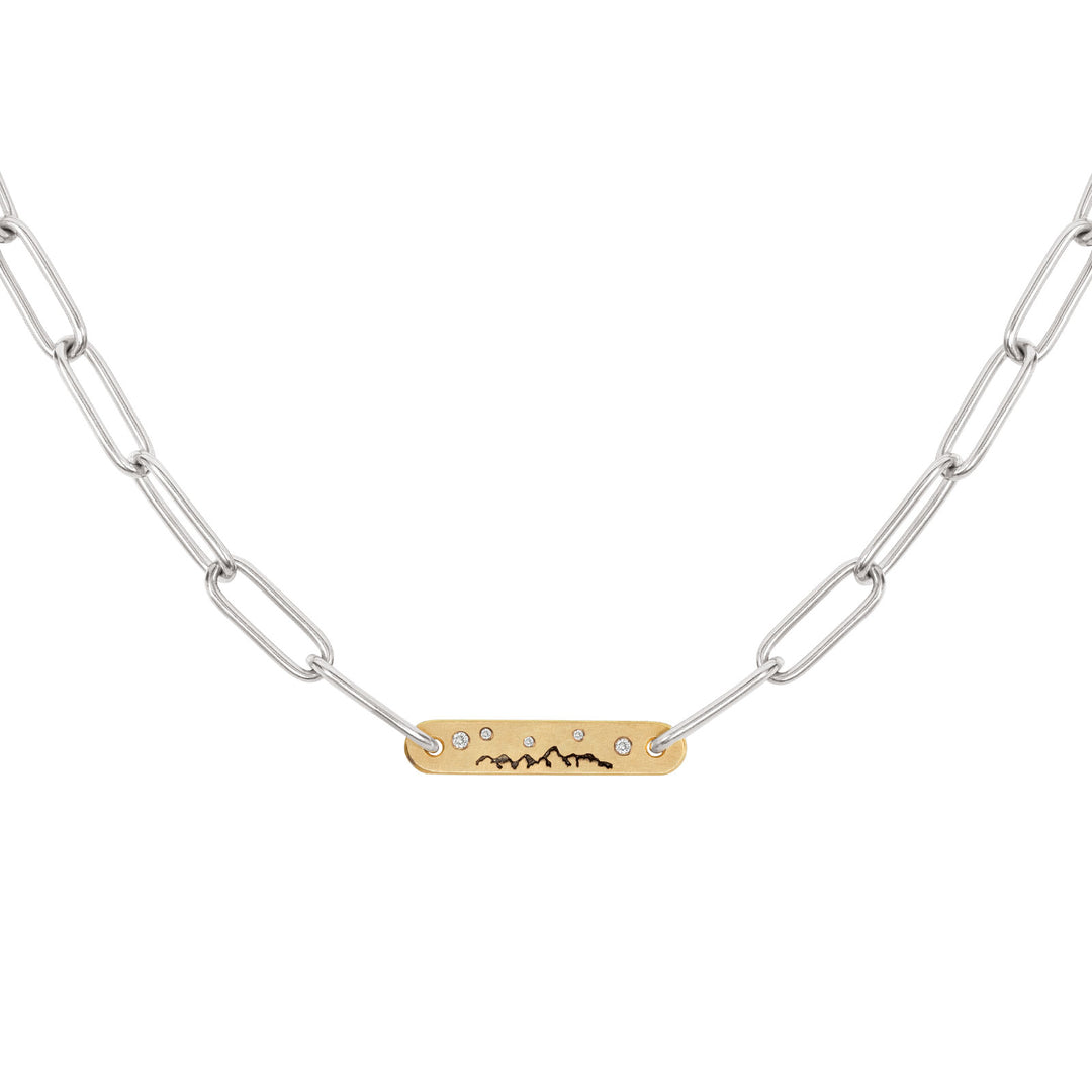 HEATHER B. MOORE Tetons Gold Flat Bar Necklace With Diamonds And Silver Link Chain