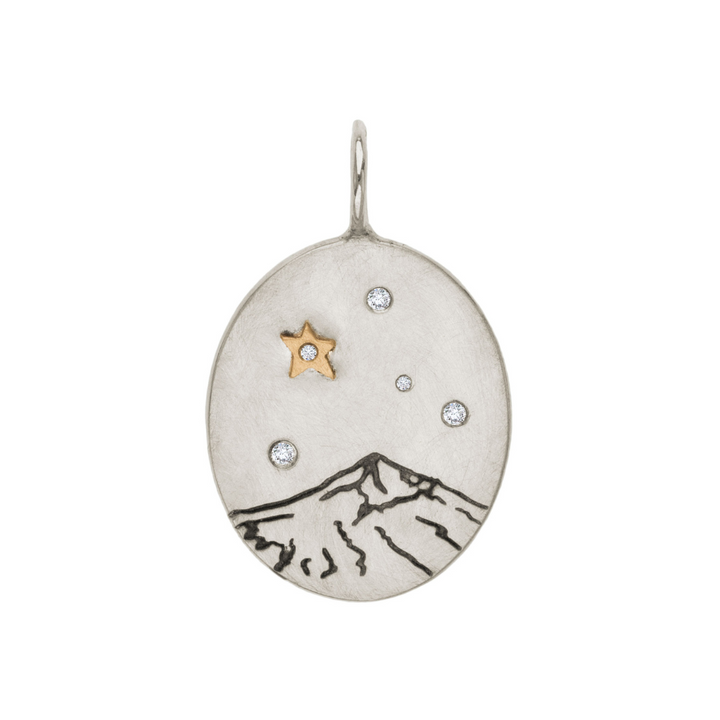 HEATHER B. MOORE Lone Peak Mountain Medium Oval Silver Charm With Raised Gold Star And Diamonds