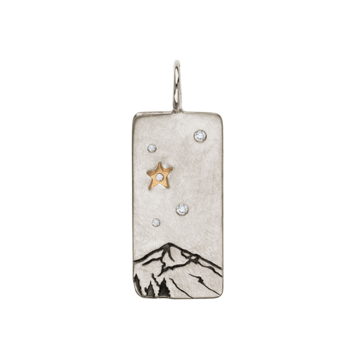 HEATHER B. MOORE Lone Peak Mountain Silver ID Tag With Raised Gold Star And Diamonds