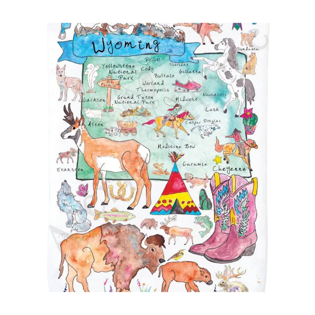 AVERY'S HOME Wyoming State Map Floursack Tea Towel
