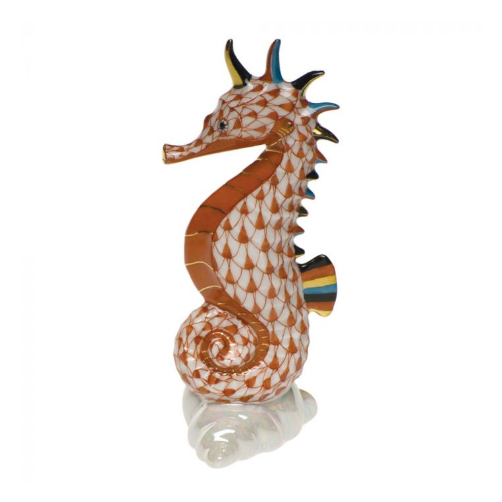 HEREND SEA HORSE IN RUST WITH COLORFUL TRIM AND 24K GOLD ACCENTS