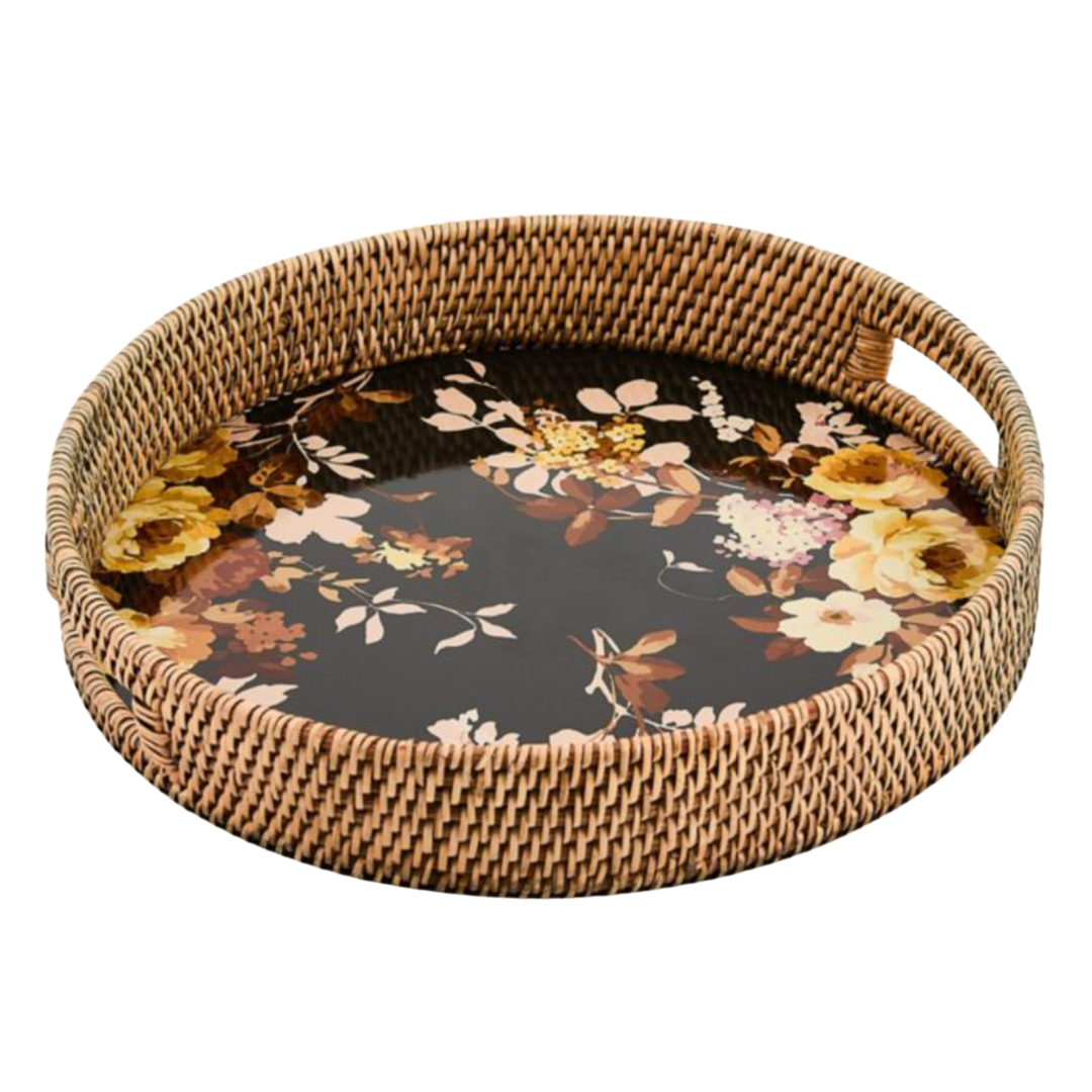 MACKENZIE CHILDS Wild Rose Brown Enamel And Rattan Round Serving Tray