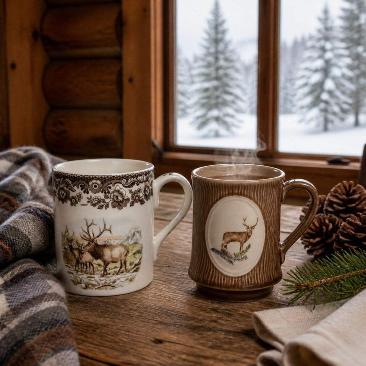 Lodge mugs with coffee on a cabin table