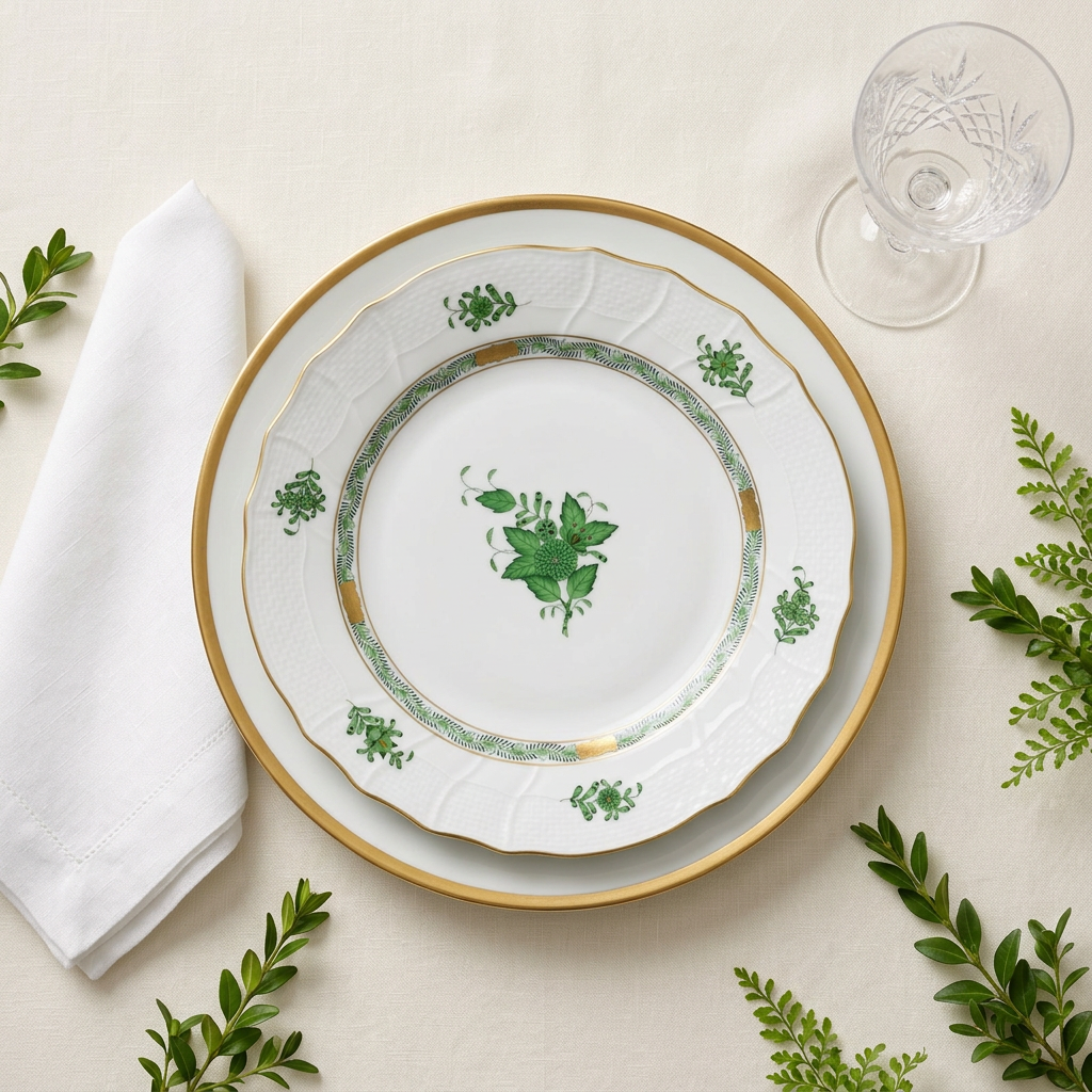 Herend Chinese Bouquet Green place setting with gold charger, linen napkin and crystal glass