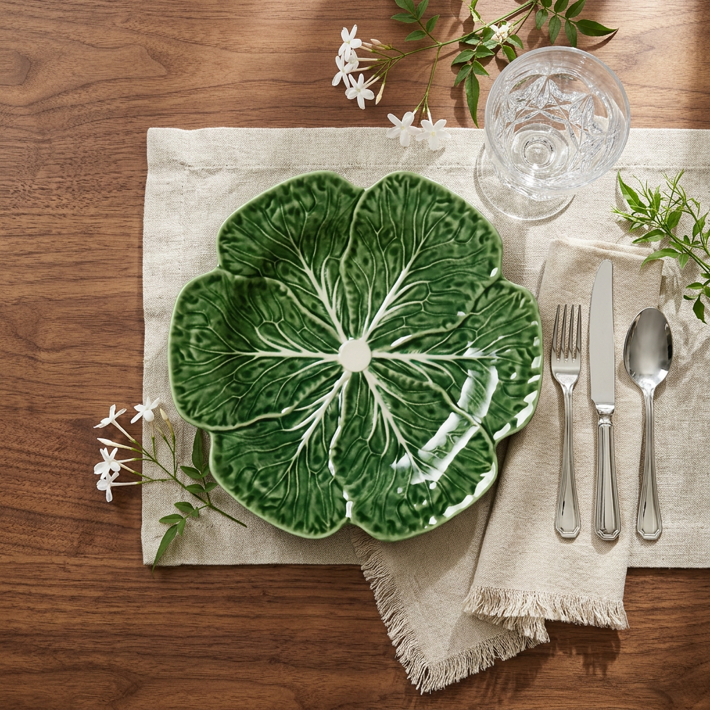 Le Jardin Cabbage Dinner Plate place setting on a wood table