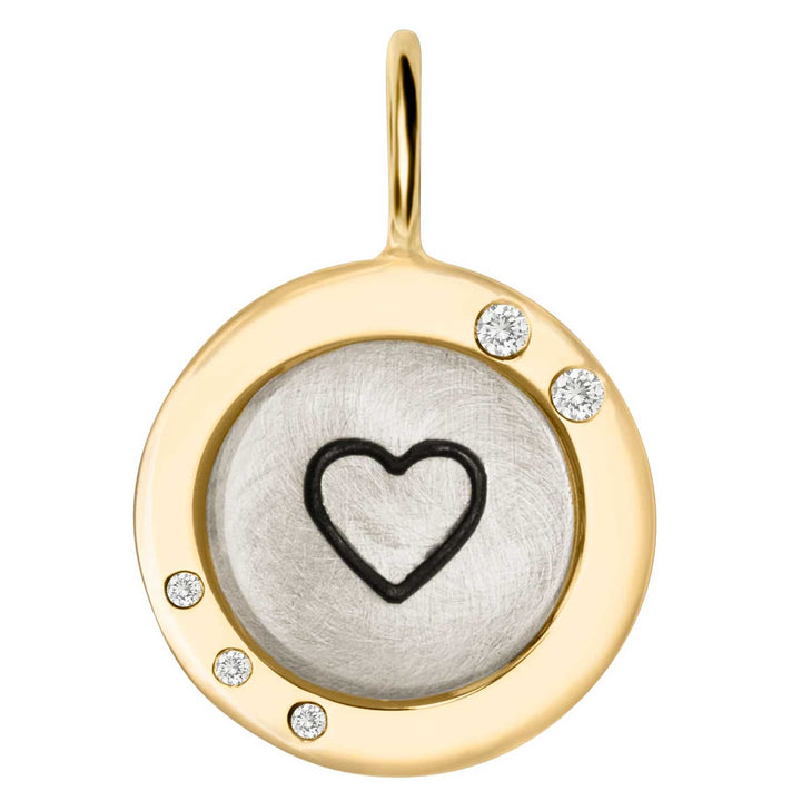 HEATHER B. MOORE YELLOW GOLD AND SILVER SIMPLE HEART WIDE FRAME ROUND CHARM