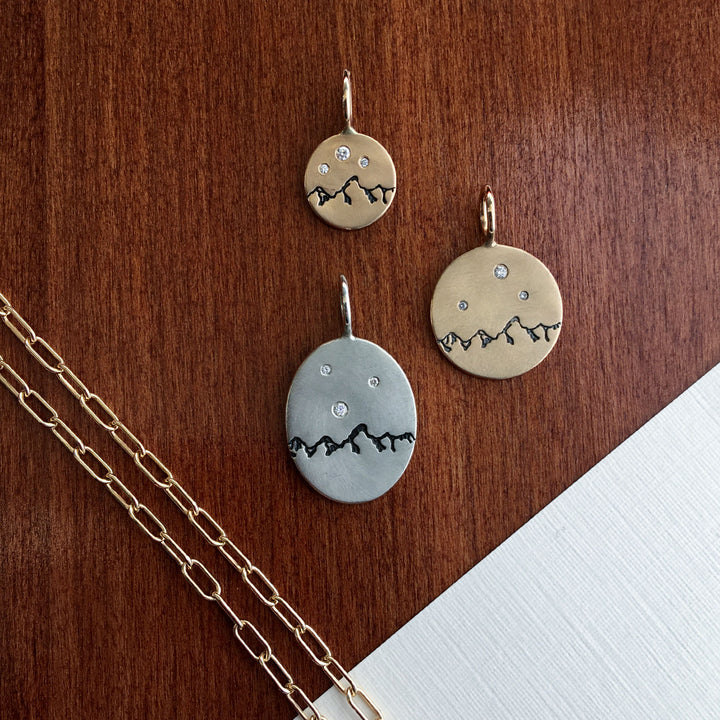 HEATHER B. MOORE Mountain Range Stamped Silver Oval And Diamon Charm