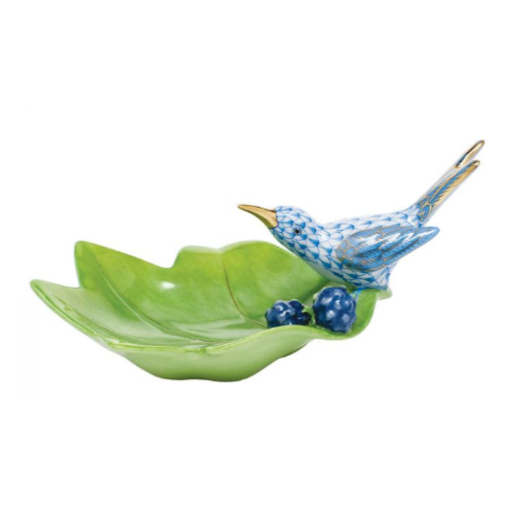 HEREND HUMMINGBIRD ON LEAF - BLUE