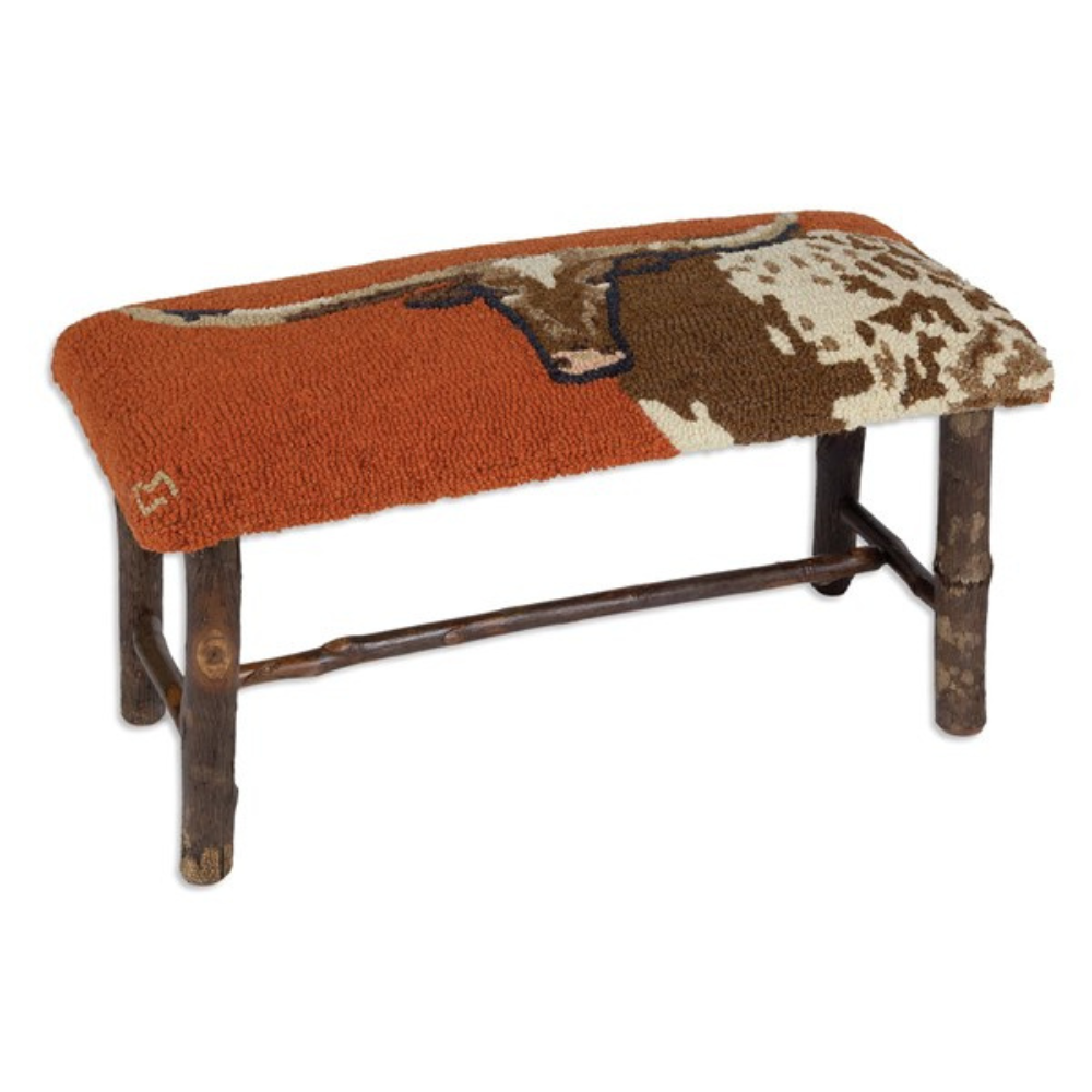CHANDLER 4 CORNERS Longhorn Hooked Wool Top Hickory Bench