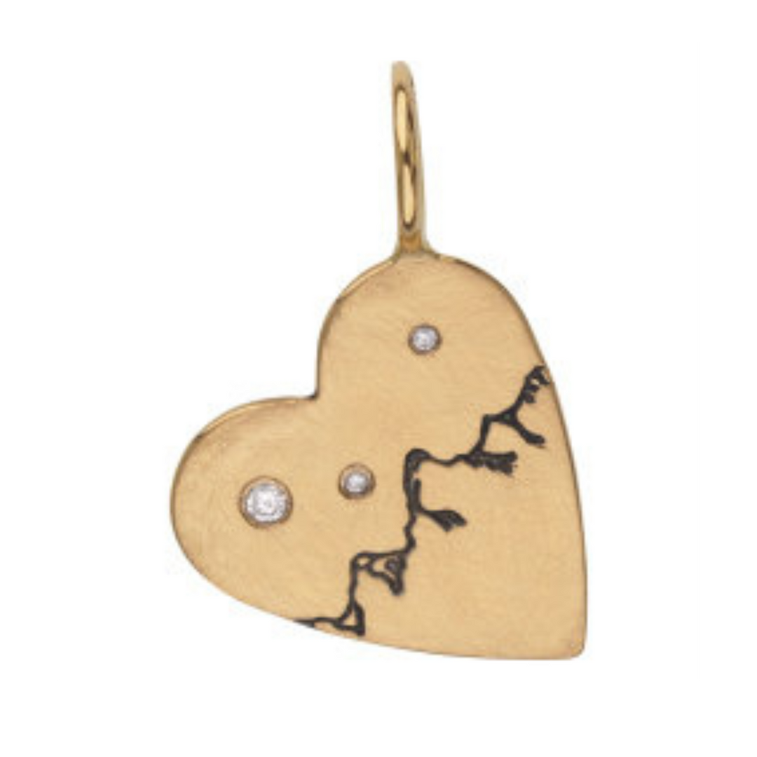 HEATHER B. MOORE SMALL YELLOW GOLD HEART CHARM WITH TETON MOUNTAIN RANGE