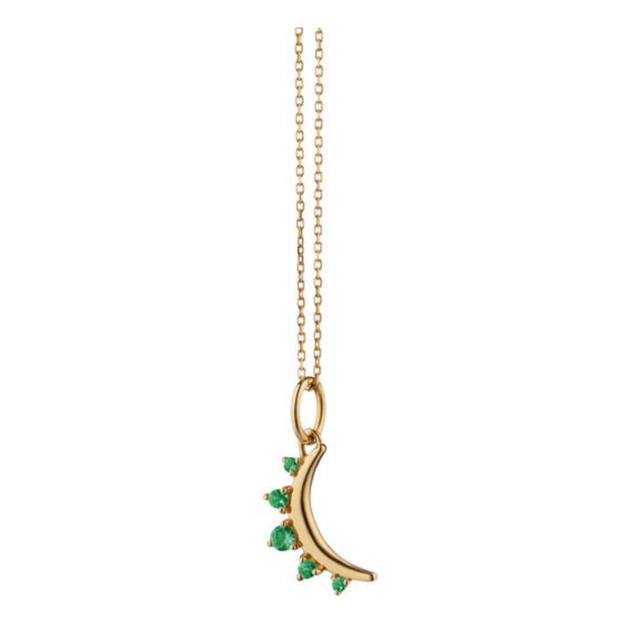 MONICA RICH KOSANN 18K YELLOW GOLD NECKLACE W/EMERALD AND GOLD MINI MOON PENDANT