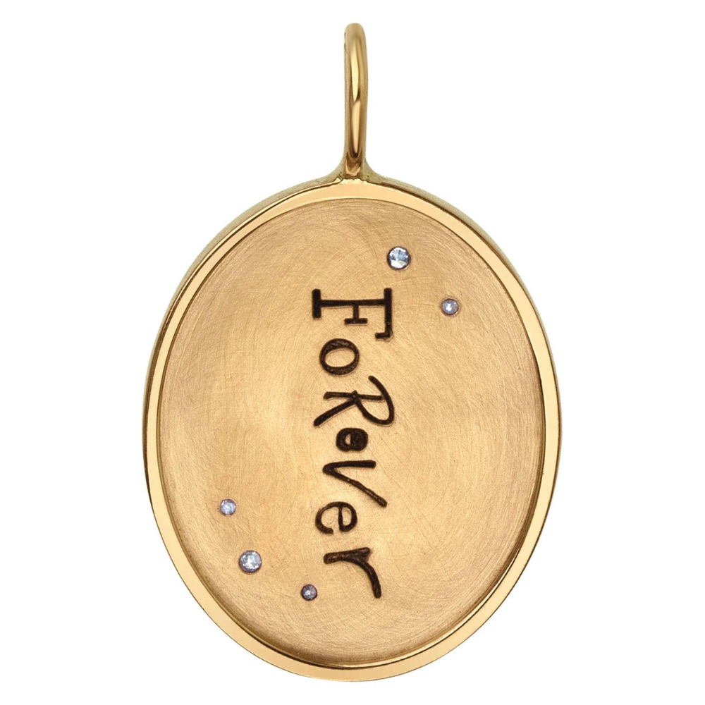 HEATHER B. MOORE 14K YELLOW GOLD OVAL FRAME CHARM "YOU + ME" AND "FOREVER"