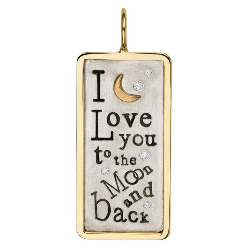 HEATHER B. MOORE 14K YELLOW GOLD AND STERLING SILVER WTIH DIAMONDS ID TAG "I LOVE YOU TO THE MOON AND BACK" - MEDIUM