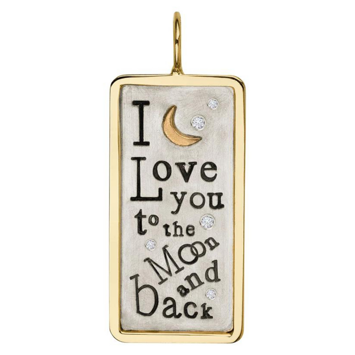 HEATHER B. MOORE 14K YELLOW GOLD AND STERLING SILVER WTIH DIAMONDS ID TAG "I LOVE YOU TO THE MOON AND BACK" - MEDIUM