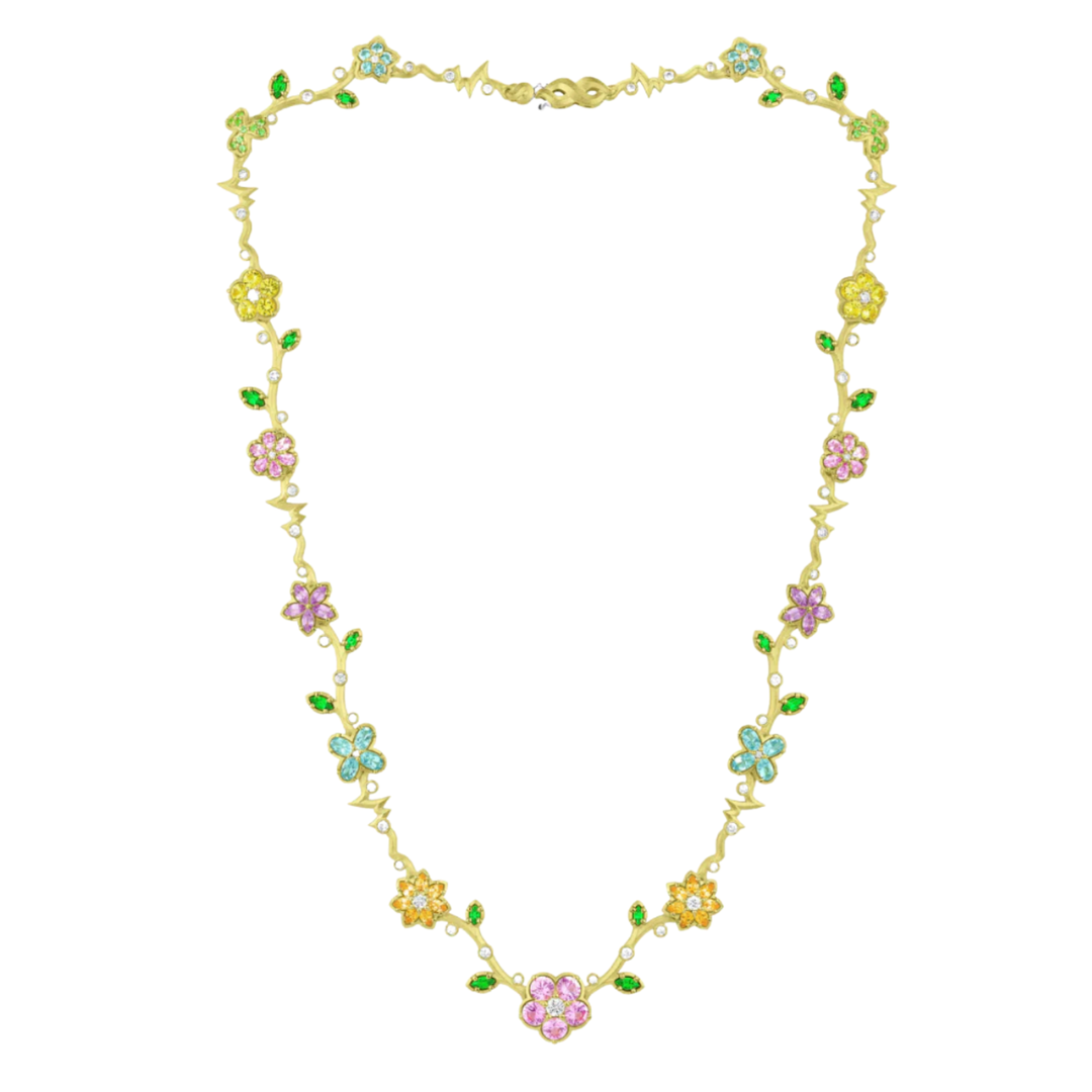 PAUL MORELLI Wild Child Multi Color Sapphire Floral 18K Yellow Gold Necklace