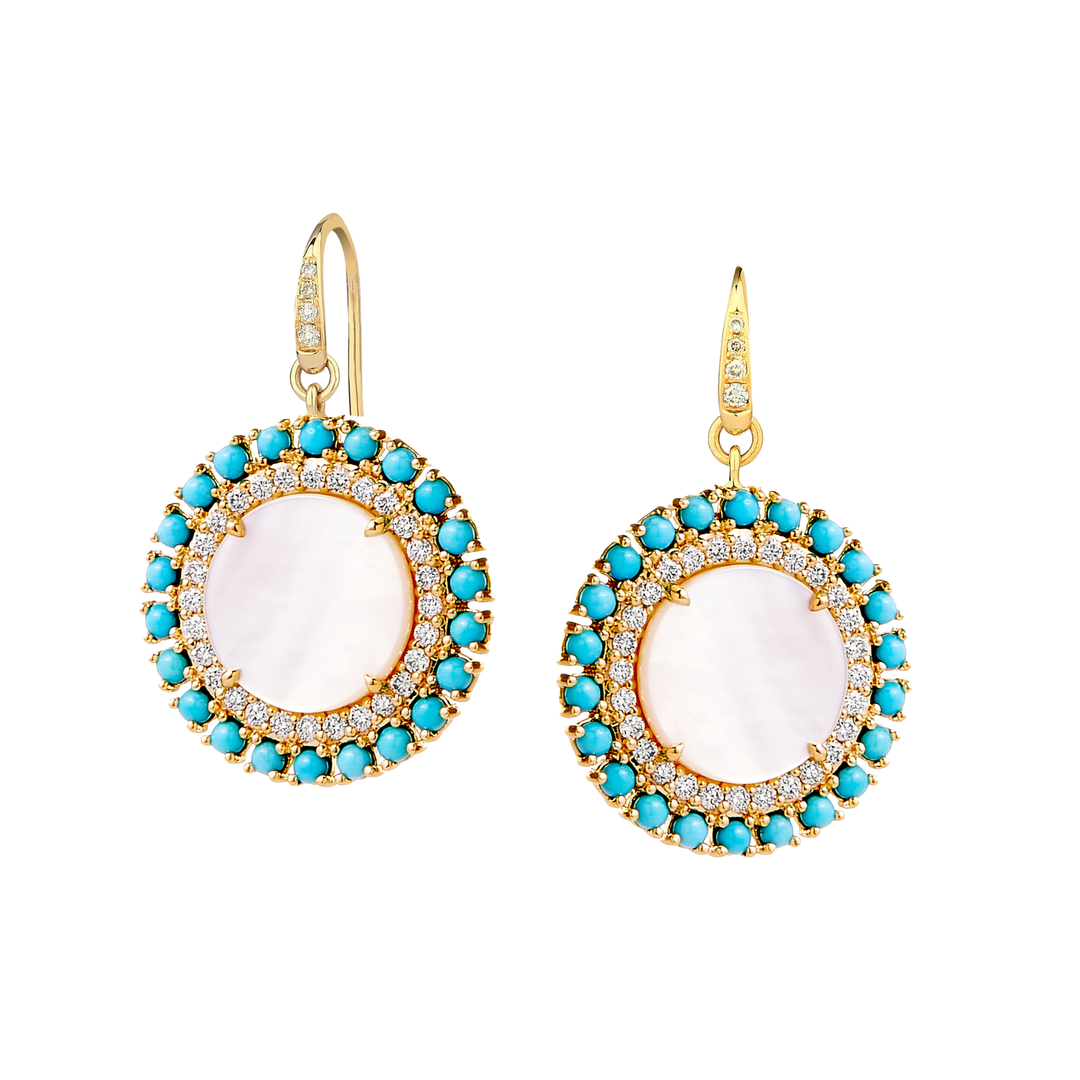 Mother of Pearl and Turquoise Drop Earrings in 18K Yellow Gold with Diamonds