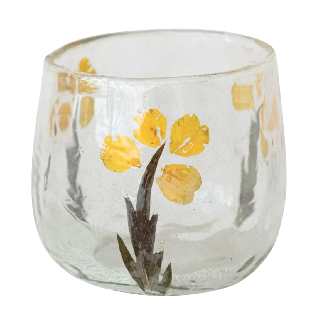 CREATIVE CO-OP Embedded Natural Botanical Votive Glass Tealight Candleholder Default Title