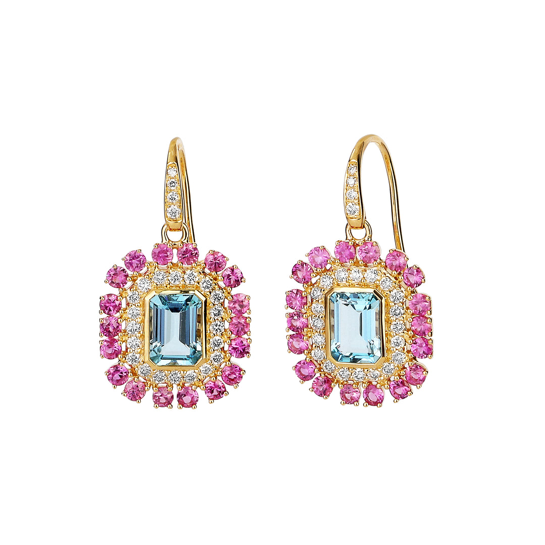 SYNA Blue Topaz and Pink Sapphire Drop Earrings in 18K Yellow Gold And Diamonds Default Title