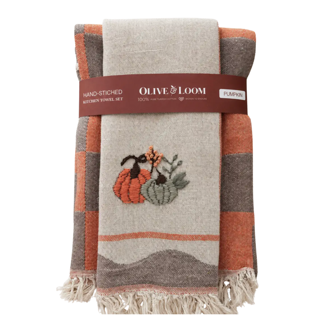 OLIVE & LOOM Pumpkin Hand-Stitched Kitchen Tea Towel Set