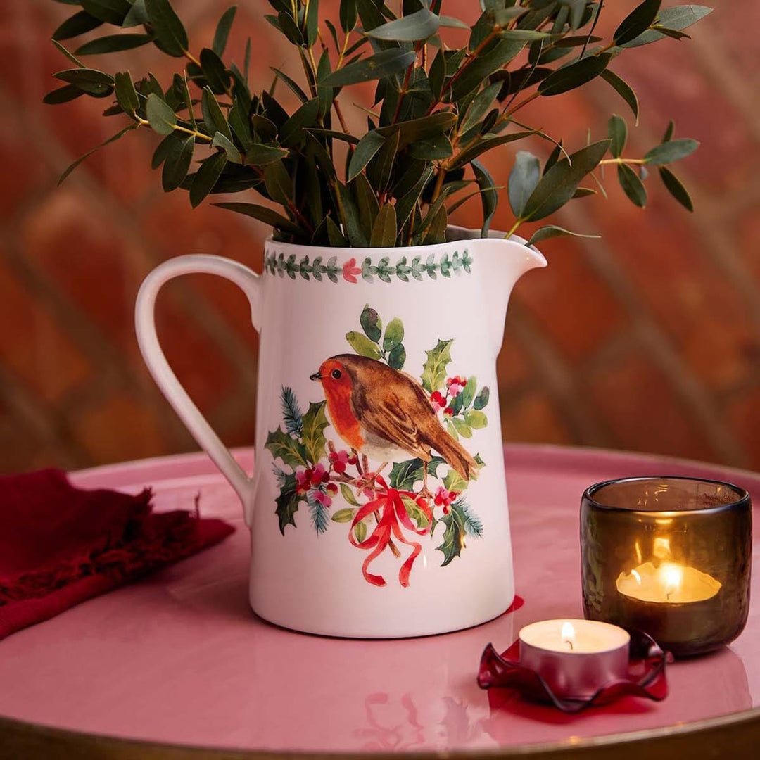 PORTMEIRION Botanic Garden Christmas Holly Bella Jug Robin 1.5 Pint
