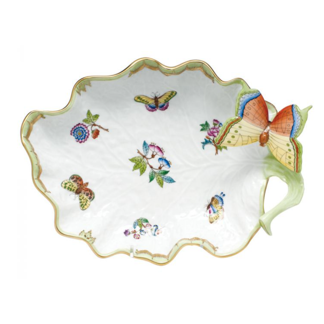 HEREND Queen Victoria Large Leaf Dish With Butterfly
