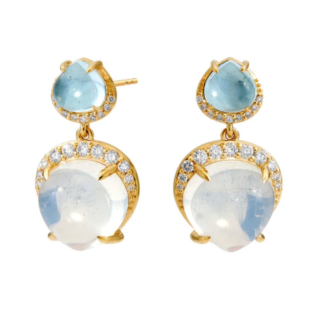 SYNA MogulHeart Cabochon Drop Earrings18K Yellow Gold with Blue Topaz, Moon Quartz and Diamonds Default Title
