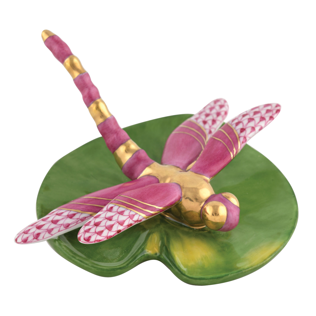 HEREND Dragonfly On Lily Pad RASPBERRY