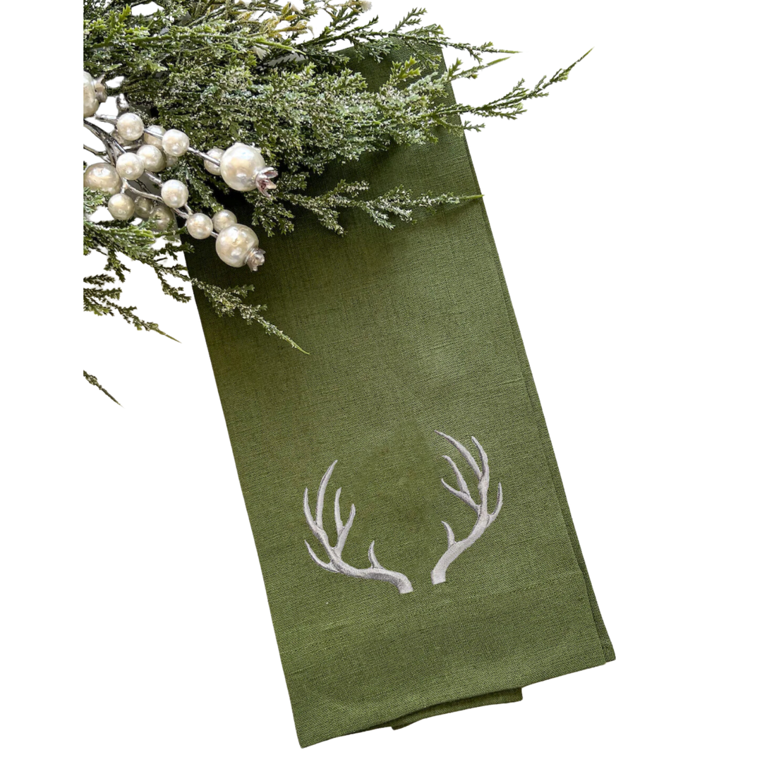 ARTE ITALICA Antlers Linen Hand Towel In Evergreen And White Default Title