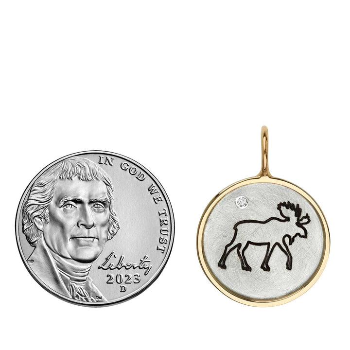 HEATHER B. MOORE Moose Surrounded With 14K Yellow Gold Frame Around Sterling Silver Charm And Diamond
