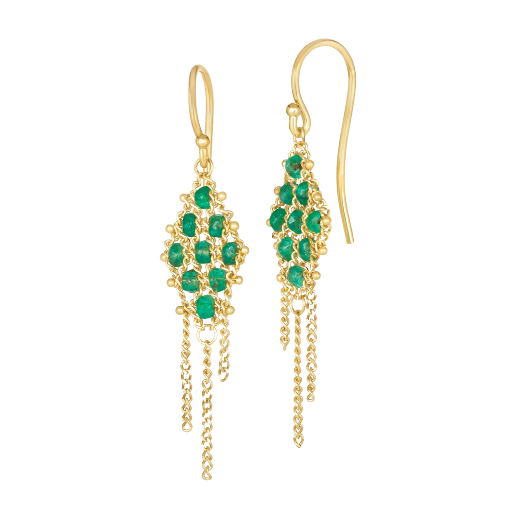 Emerald Woven Yellow Gold Lattice Earrings