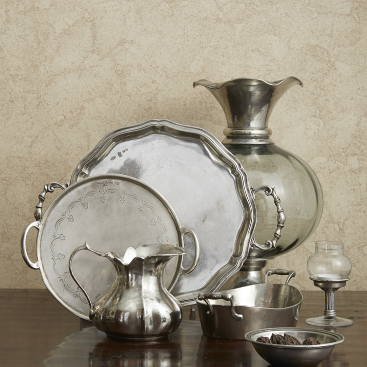 Vintage Pewter Round Tray With Handles
