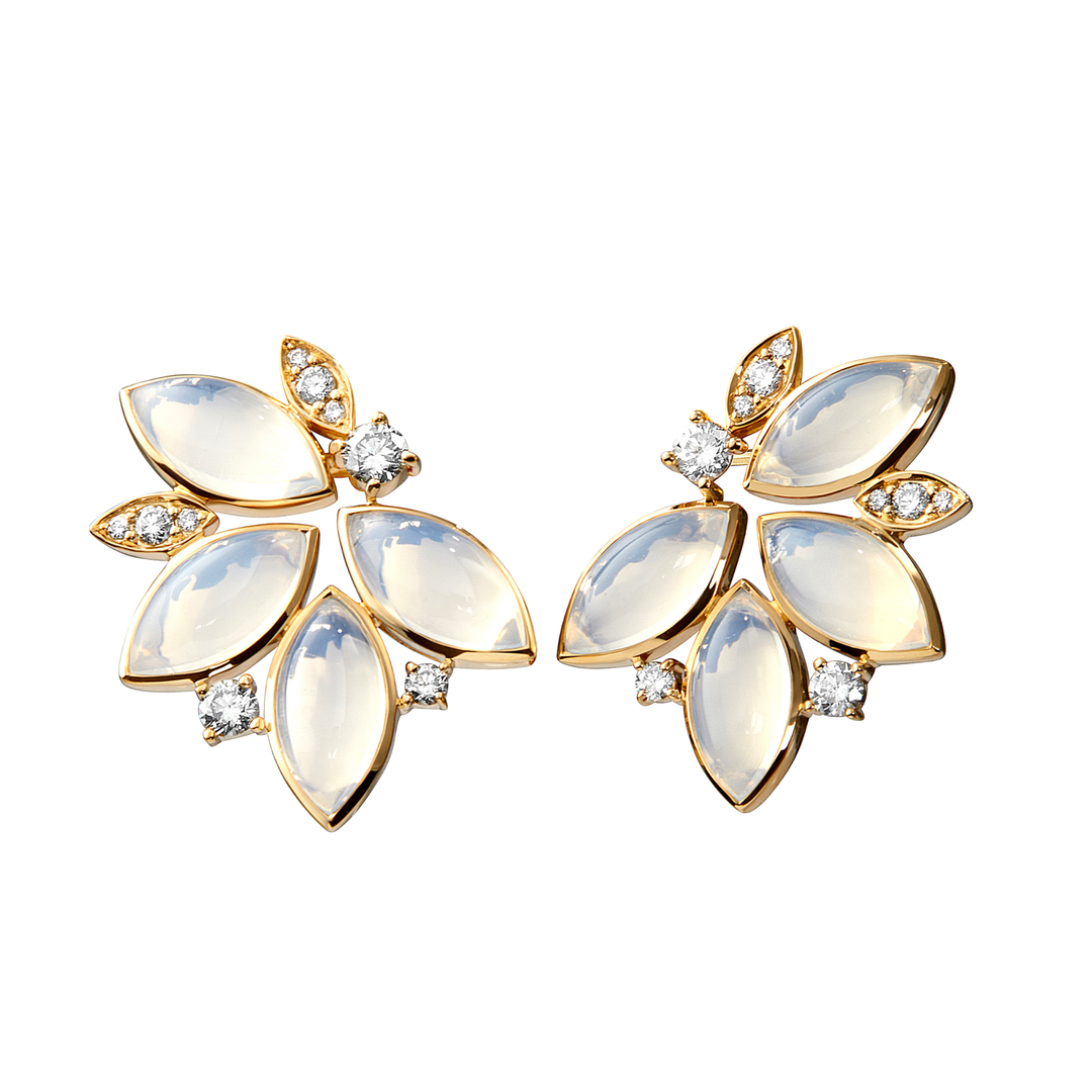Leaf Earrings 18K Yellow Gold With Moon Quartz & Diamonds