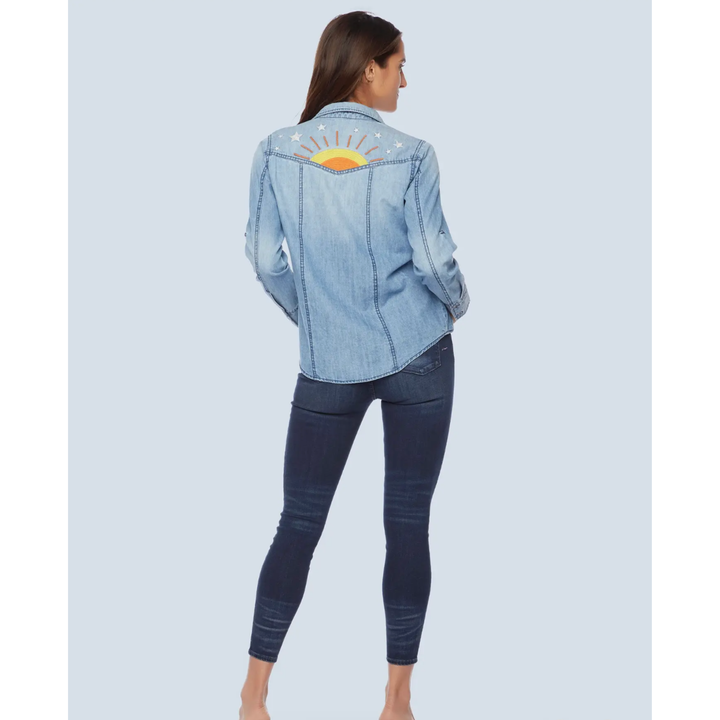 BILLY T Hello Sunshine Embroidery Sunshine Shirt Extra Small Color Washed Blue