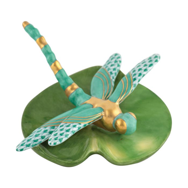 HEREND Dragonfly On Lily Pad GREEN