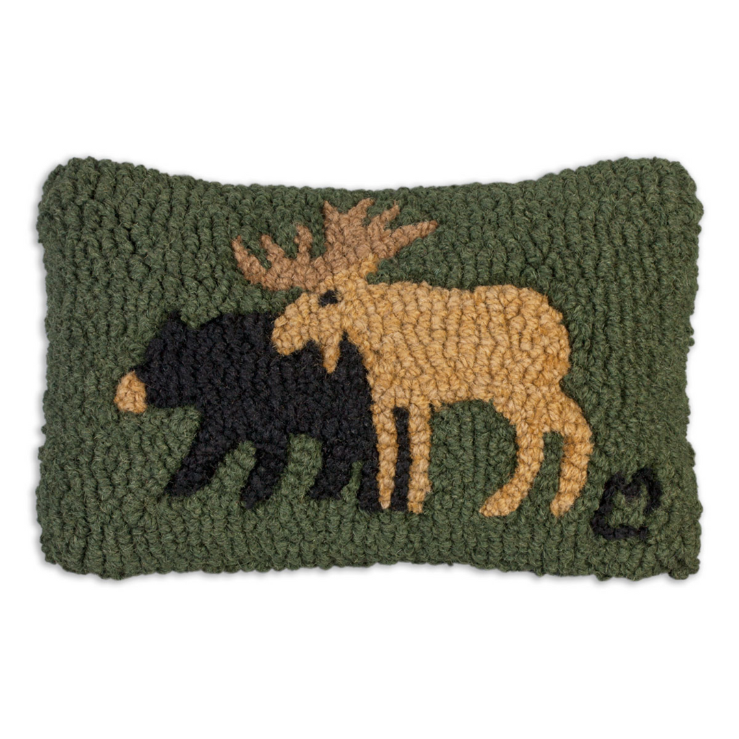 CHANDLER 4 CORNERS MOOSE AND BEAR HAND-HOOKED PILLOW