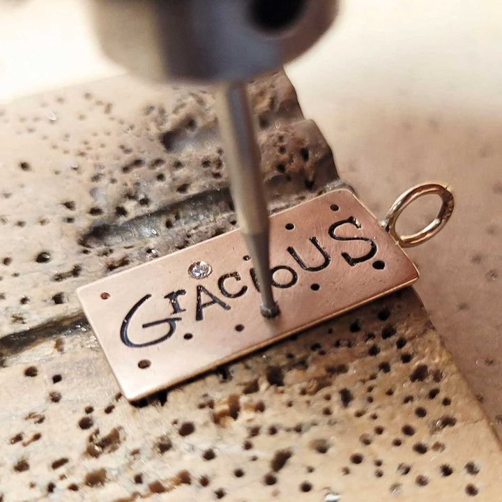 HEATHER B. MOORE YELLOW GOLD GRACIOUS GRAFFITI ID TAG