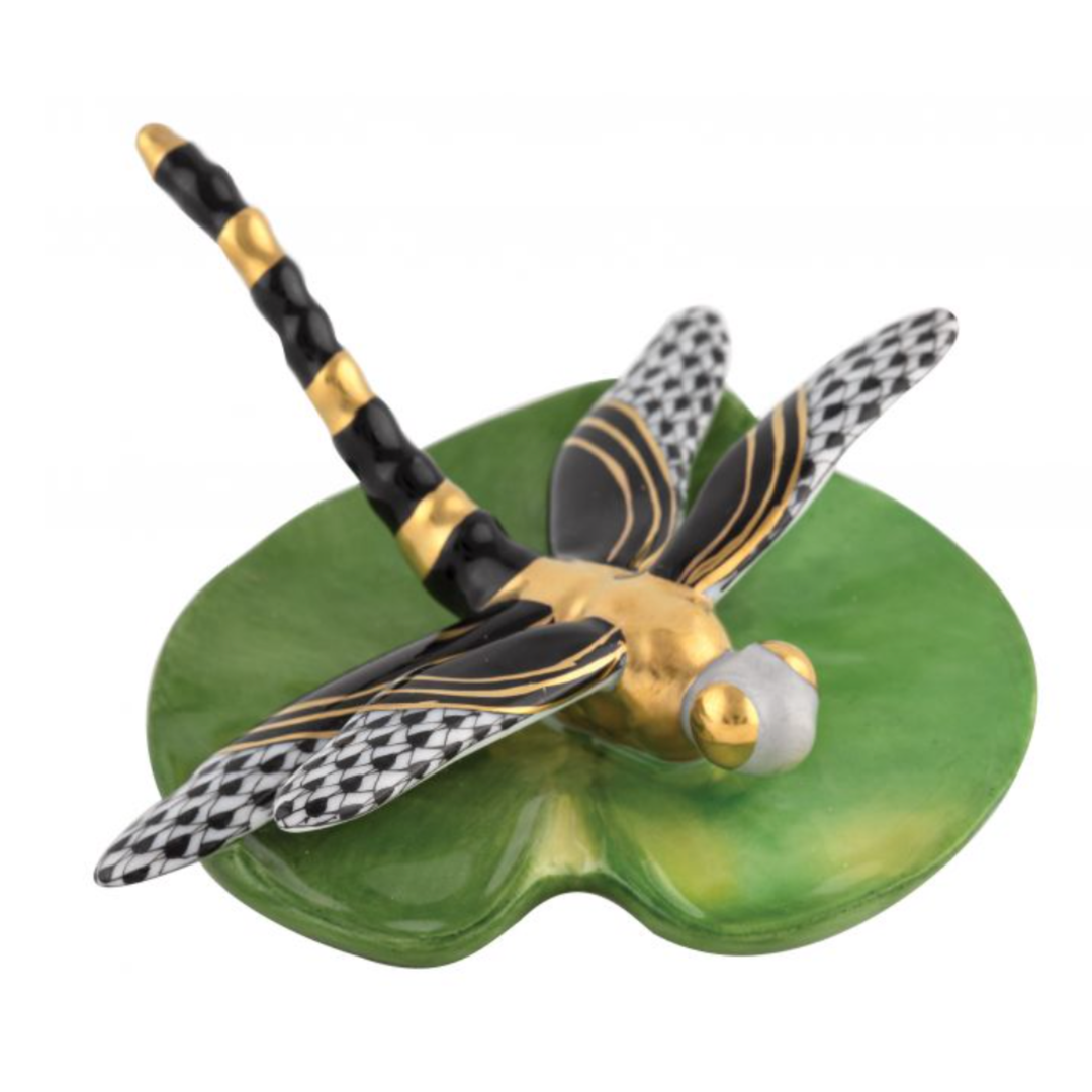 HEREND Dragonfly On Lily Pad BLACK