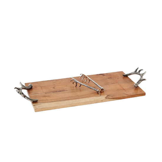 180 DEGREES Wood Tray with Antler Handle and Tong Set Default Title