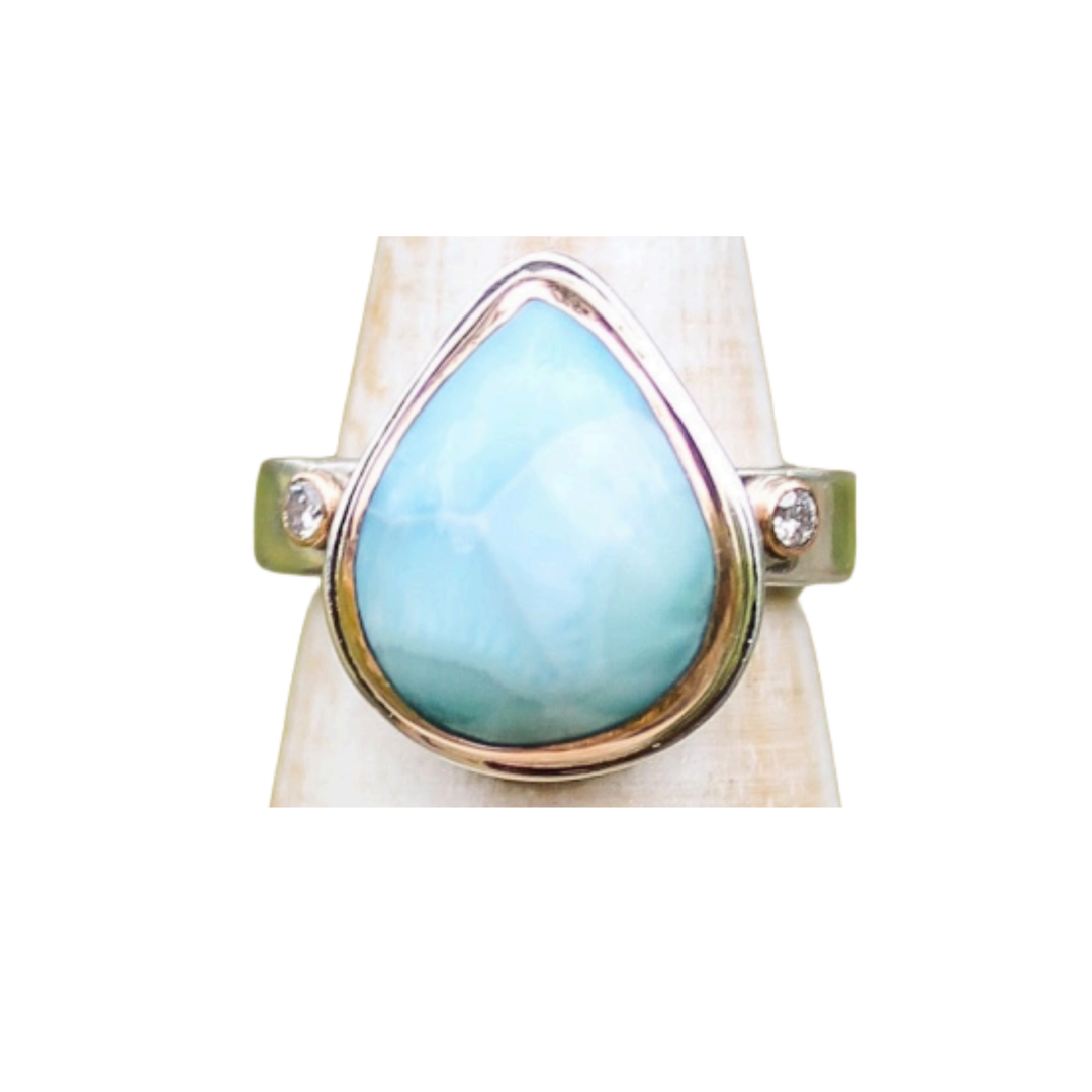ARI O Larimar Turquoise Tear Drop Ring With Diamonds