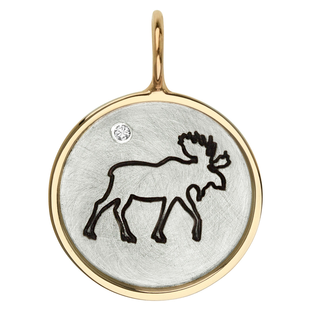 HEATHER B. MOORE Moose Surrounded With 14K Yellow Gold Frame Around Sterling Silver Charm And Diamond