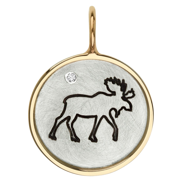 HEATHER B. MOORE Moose Surrounded With 14K Yellow Gold Frame Around Sterling Silver Charm And Diamond