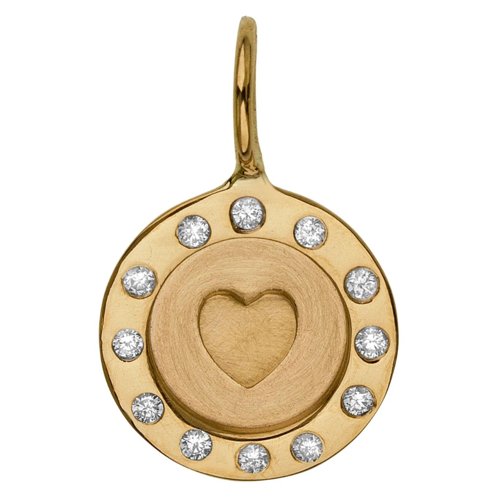 HEATHER B. MOORE 14K YELLOW GOLD MINI ROUND CHARM WITH RAISED HEART AND DIAMONDS