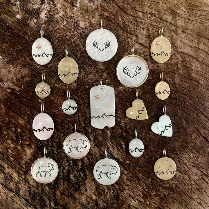 HEATHER B. MOORE Mountain Range Stamped Silver Oval And Diamon Charm