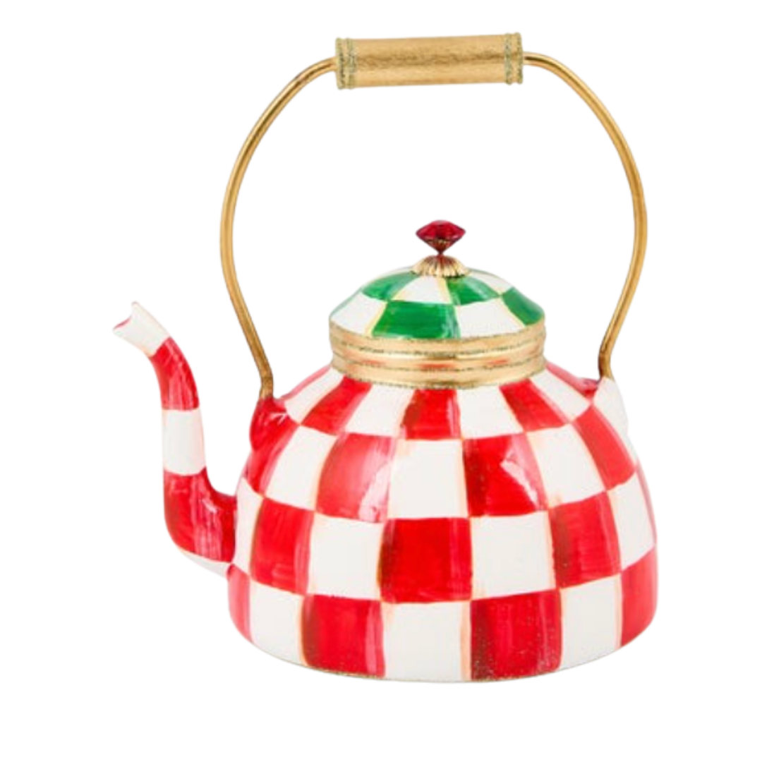 MACKENZIE CHILDS Check It Out Tea Kettle Glass Ornament