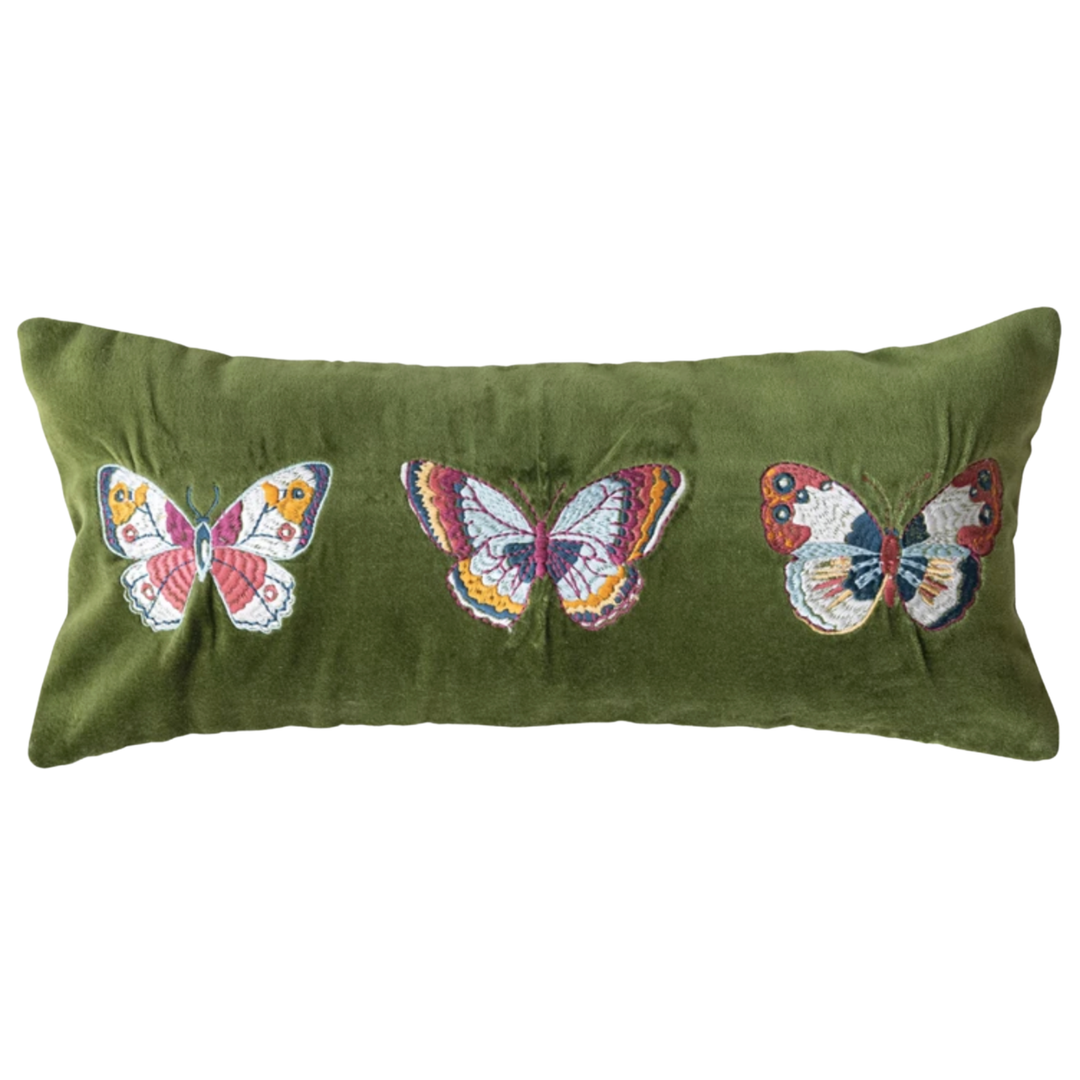 CREATIVE CO-OP Lumbar Pillow With Embroidered Butterflies And Chambray Back Default Title