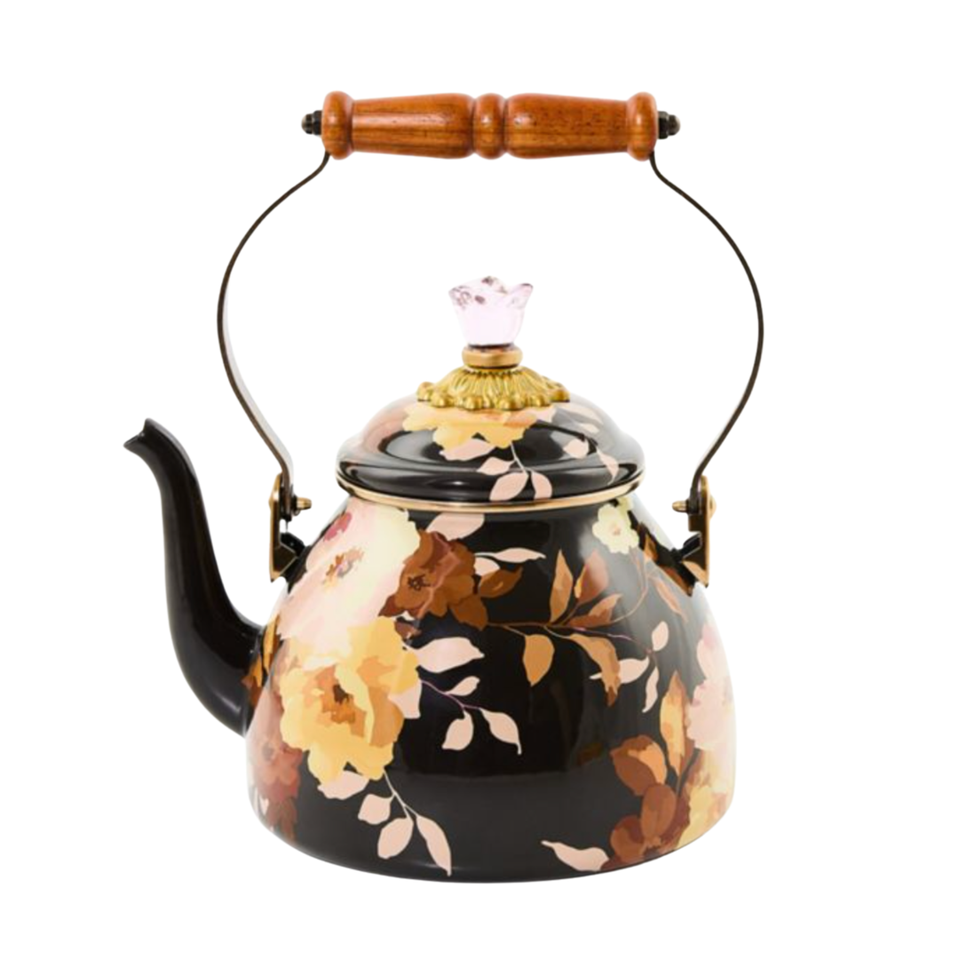 MACKENZIE CHILDS Wild Rose Brown 2 Quart Tea Kettle