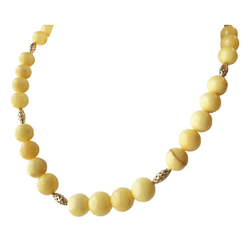 Amber Necklace With 18K Yellow Gold Barrel Beads