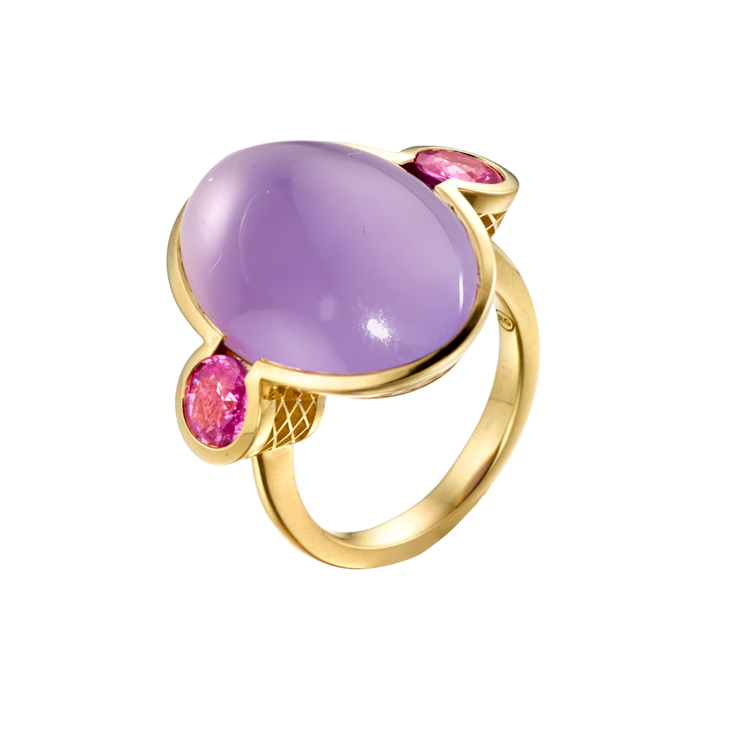 Crownwork® Scallop Yellow Gold Ring with Lavender Chalcedony & Pink Sapphires