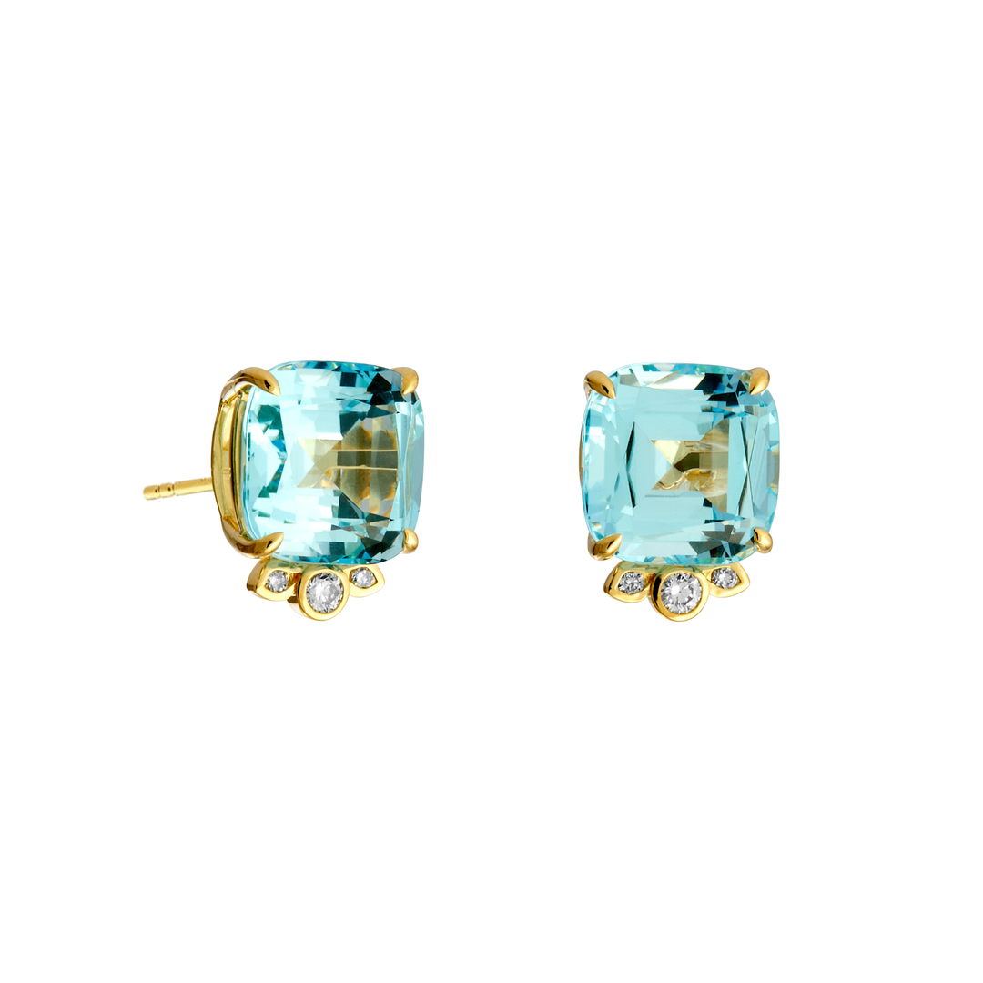Blue Topaz Cushion Earrings 18K Yellow Gold & Diamonds